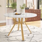Table � manger ronde plateau mdf effet marbre blanc avec supports m�tal x dor�s evryae