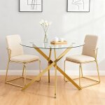 Table � manger ronde avec plateau en verre tremp� et pieds dor�s table bassetable � manger moderne et ...