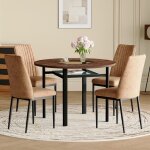 Table � manger ronde verre s�curit 100cm avec 4 chaises marron tissu high - tech - ensemble salon / salle ...