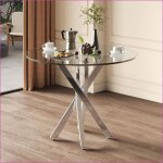 Table � manger ronde - verre tremp� 80x80x75 cm - pieds m�talliques galvanis�s - argent