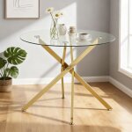 Table � manger ronde en verre tremp� m�tal dor� maisentiel