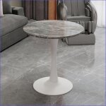 Table � manger - style mid - century moderne - plateau marbre artificiel ray� gris - blanc antique - ...