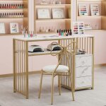 Table de manucure professionnelle avec 3 tiroirs plateau effet marbre blanc structure m�tal dor� 110 ...