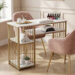 Table de manucure professionnelle onglerie bureau nail art avec rangements effet marbre blanc m�tal dor� ...