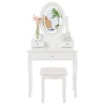 Table de maquillage avec miroir ovale 3 modes d?�clairage 3 tiroirs et tabouret rembourr� ? coiffeuse ...