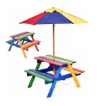 Costway table et 2 bancs de jardin avec parasol pour enfants en sapin table de pique - nique pour 4 enfants ...
