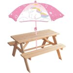 Table pique - nique licorne en pin avec parasol - fun house - h. 53 x l. 95 x p. 75 cm - pour enfant