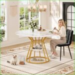 Table de repas ronde - mdf marbre optique pieds m�tal or / noir - rangement int�gr�
