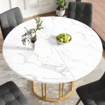 Table ronde 100 cm table de salle � manger mdf plateau effet marbre structure m�tal pieds r�glables blanc ...