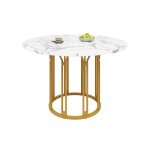 Table ronde �100 cm x h74 cm - salle � manger / cuisine - plateau mdf effet marbre - pieds m�tal dor� ...