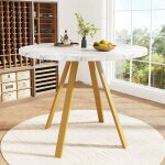 Table ronde 80 � 80 � 75 cm pour 4 personnes plateau blanc effet marbre pieds m�tal dor� pour salle � ...