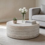 Table ronde fibre verre aspect travertin �80x305 cm r�sistant eau rayures facile entretien salon balcon ...