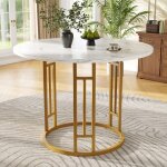Table ronde marbre blanc et or 80x80x76cm - pieds m�tal �l�gants stable - pour 4 personnes salon salle ...