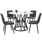 Table ronde m�tal noir plateau mod�le de marbre mdf 100x100x76cm + 4 chaises velours gris - ensemble ...