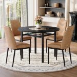 Table ronde moderne 100x100x76 cm bois noir avec rangement et 4 chaises marron tissu high - tech - ensemble ...
