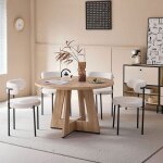 Table de salle � manger et 4 chaises - table ronde en bois clair - chaises de salle � manger blanches ...