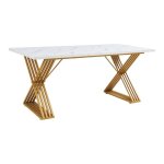 Table salle � manger - helloshop26 - 03 0011100 - effet marbre blanc - 6 places - pi�tement m�tal dor� ...