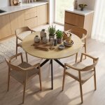 Table de salle � manger ronde pour 4 personnes style industriel pieds en acier ch�ne.