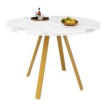 Table de salle � manger ronde compacte mdf m�tal blanc et dor� 80x80x75 cm