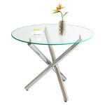 Table de salle � manger ronde plateau verre tremp� pieds m�tal argent style minimaliste moderne pour ...