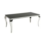 Table de salle � manger velena 180 cm ? plateau en verre noir et structure en acier argent� poli