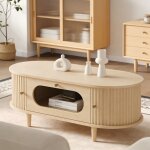 Table de salon ovale 100 x 50 x 36 cm en bois clair avec 1 tiroir en verre et porte coulisante table ...