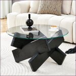 Table de salon ronde - mdf + verre transparent - pieds crois�s bois noir - 79 cm