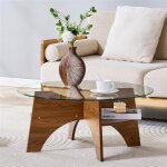 Table de salon ronde avec verre pour table basse table basse transparente moderne avec pieds bois noyer ...