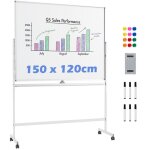 Tableau blanc magn�tique mobile 150x120cm double face costway - 2 hauteurs r�glables - effa�able � sec ...