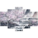 Tableau dcoration murale 5 panneaux cerisier en fleurs rose 100x150 cm impression sur toile japon cascade ...