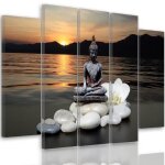 Tableau dcoration murale zen bouddha mer 5 panneaux 200x100 cm coucher de soleil impression sur toile ...