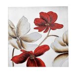 Tableau peint � la main fleurs contemporain 60x60 cm - art rouge vif blanc cass� beige or argent - d�coration ...
