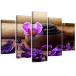 Tableau sur toile en cinq parties composition zen avec orchide rose (p - 498) 100x70 cm
