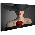 Tableau sur toile fleur rose rouge lvres femme chapeau noir mannequin beaut affiche poster murale tableaux ...