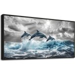 Tableau sur toile - nikcorp - dauphins - 50x100 cm - cadre noir bois massif - impression hd r�sistante ...