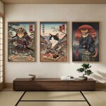 Tableau sur toile triptyque chats illustr�s style japonais - cadre flottant