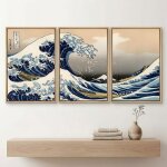 Tableau sur toile triptyque style estampe japonaise vague bleue ? d�coration murale zen - cadre flottant ...