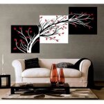 Tableau - toile - triptyque mural - 3 pi�ces - feuilles rouges - d�coration contemporaine