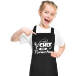 Tablier enfant imperm�able - estampille - r�glable - 44x62 cm - noir - 2 grandes poches - motif chef ...