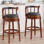 Tabouret de bar 75 cm pivotant 360� avec dossier cuir de vachette noir structure bois ivoire