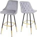 2x tabourets de bar comptoir chaise haute pieds dores en velours design retro gris dossier capitonne ...