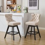 Tabourets de bar pivotants velours beige capitonnage boutons pieds bois garniture chrom�e lot de 2 55x44. ...