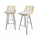 Lot de 2 tabourets de bar 67cm. mtal et rotin. assise beige - cahya