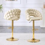 Tabouret de bar en velours - 2 pi�ces - blanc cass� - r�glable 65 - 112 cm - dossier � cha�ne boule