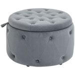 Tabouret coffre de rangement rond gris velours 60x40 cm pouf avec couvercle rembourr� pour salon et chambre ...