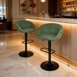 Tabourets de cuisine modernes lot de 2 r�glable en hauteur rotation 360� tissu lin vert pieds m�tal noir ...