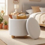 Tabouret pouf coffre rembourr� - relax4life - 35l - couvercle amovible - pieds en bois de caoutchouc ...