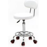 Tabouret  roulettes en blanc pu avec pied en acier chrom dossier - pivotable  360 - rglable en hauteur ...
