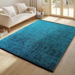 Tapis en chenille de coton bleu lavable style boh�me kilim vintage poil court antid�rapant doux marbr� ...