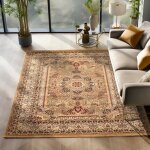Tapis oriental traditionnel classique optique persan ornements sable rouge noir [240x340 cm]